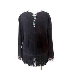 NWT Talitha Suede Black Fringe Tunic w/Embroidery PERFECT - Small